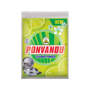 Ponvandu dishwash powder featuring a pack of the product, showcasing its brand logo and the refreshing power of lemons.