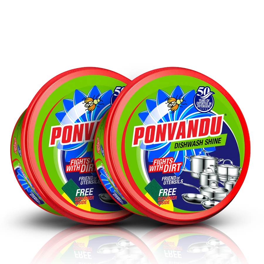 Ponvandu dishwash bar featuring a pack of the product, showcasing its brand logo and the refreshing power of lemons.